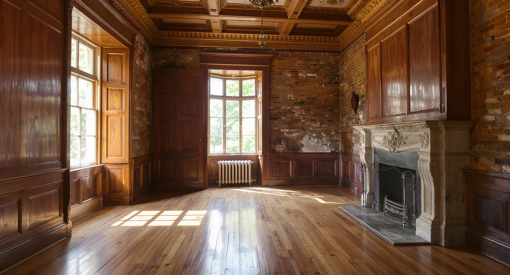 An empty historic living room with solid wood floors, thick trim, exposed brick, and high ceilings—showing how to decorate an empty living room and ideas for filling awkward spaces.