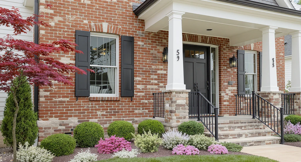 Modern farmhouse curb appeal ideas for a red brick exterior: layered landscaping, updated porch railings, new columns, and color-coordinated shutters, showing alternative ways to update brick facade without painting. Should you paint exterior red brick house pros and cons discussed through real updates.