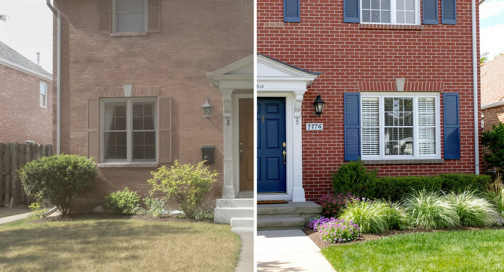 Photorealistic split view of a red brick house exterior showing before and after AI-powered visualization, highlighting pros and cons of painting brick exterior, modern farmhouse curb appeal ideas, and alternative ways to update brick facade, with updated front door and shutter colors.