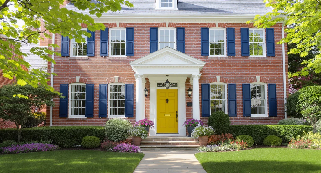 Modern curb appeal ideas for a red brick house: vibrant front door and shutter colors, white portico, lush landscaping, showing alternative ways to update brick facade without painting. Keywords: should you paint exterior red brick house, pros and cons of painting brick exterior, modern farmhouse curb appeal ideas, alternative ways to update brick facade, how to choose front door and shutter colors.