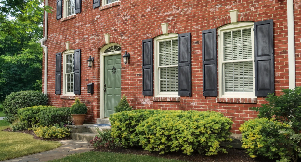 Modern red brick house exterior with a muted sage green front door, charcoal shutters, and off-white trim, showing alternative ways to update brick facade and guidance on how to choose front door and shutter colors for better curb appeal.