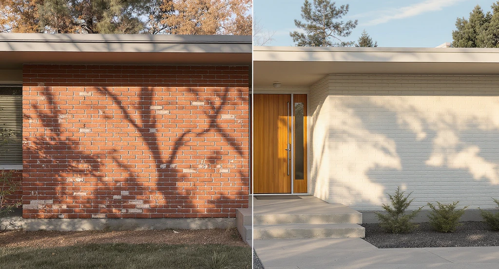 Mid-century brick home exterior split to show unpainted versus AI-visualized painted brick, illustrating using AI tools to preview exterior paint colors and explore the pros and cons of painting brick with virtual staging AI for renovations.