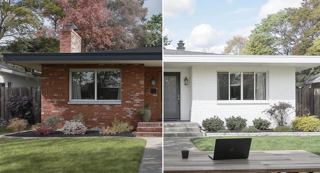 Using AI tools to visualize painted brick: a mid-century brick home shown half unpainted, half painted, with a laptop previewing exterior paint color options.
