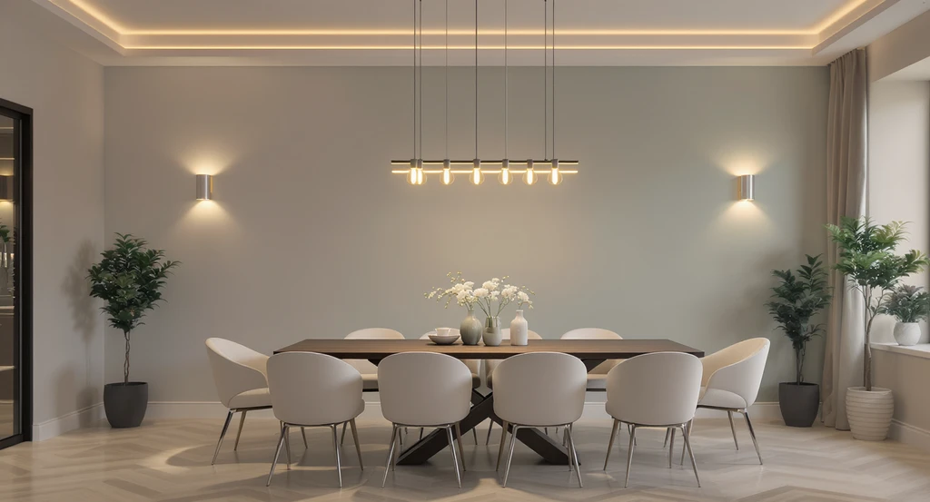 Modern open concept dining room showing how to transform an empty dining room using layered lighting, defining space with a chandelier and wall sconces, ideal for DIY ideas for awkward room layouts and choosing light fixtures for small dining areas.