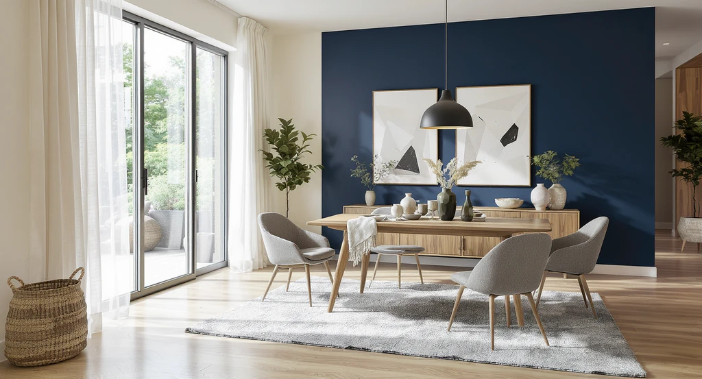 How to transform an empty dining room: a photorealistic, inviting modern space defined in an open concept home, with a bold accent wall, a statement light fixture, and DIY ideas like subtle shelving and coordinated decor.