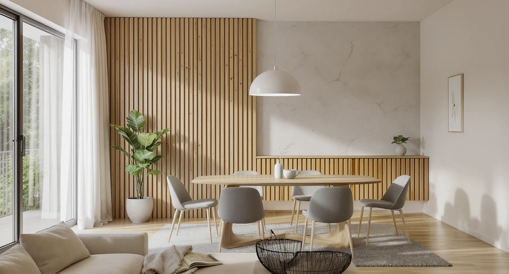 How to transform an empty dining room using slat panel wing walls and radius-corner partial headers, defining space in open concept rooms. DIY ideas for awkward room layouts showcased, with accent wall and smart dining light fixture.
