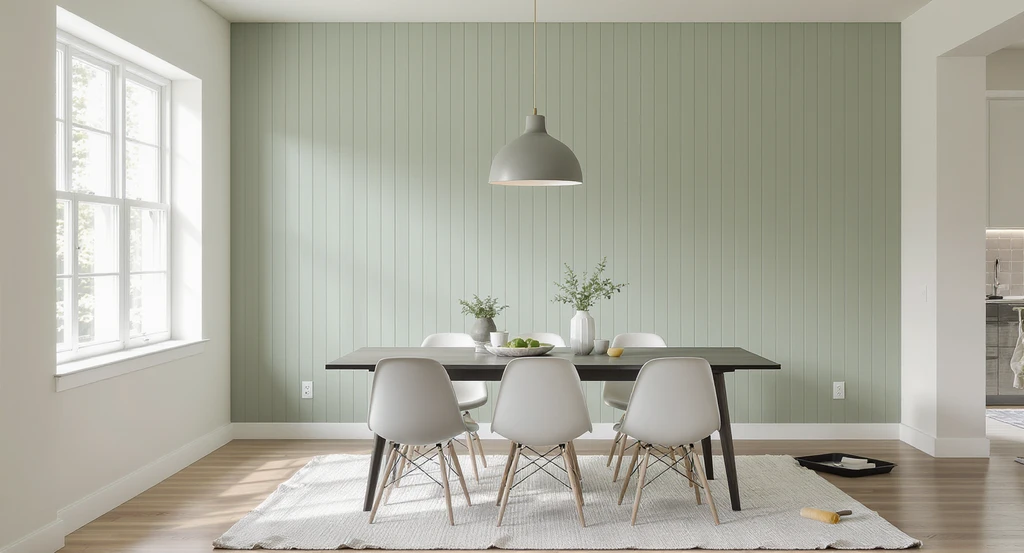 Photorealistic DIY dining room transformation showing an accent wall with muted green painted slats, emphasizing defining space in an open concept room and adding personality through color.