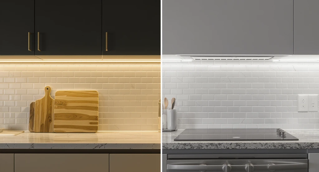 Photorealistic modern kitchen with undercabinet lighting comparison—halogen and LED. Warm halogen lighting on the left, cool LED lighting on the right, highlighting countertop differences.