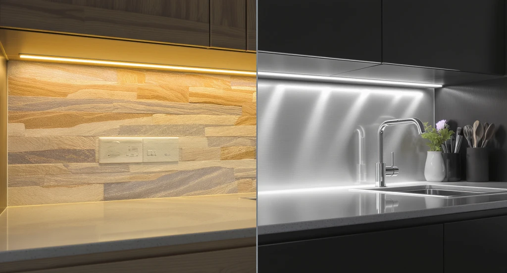 Modern kitchen showing undercabinet lighting comparison: left side with halogen lighting, right side with LED lighting, highlighting their real-world effects on surfaces.