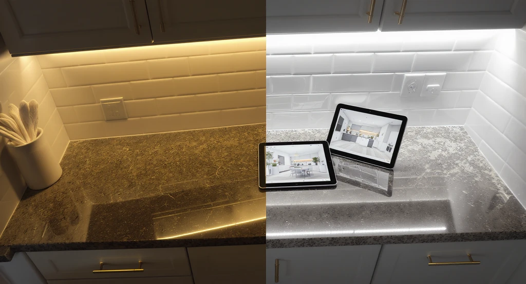 Kitchen undercabinet section with brass hardware, half lit by warm halogen and half by cool high-CRI LED, visualized via digital preview tool for lighting planning.