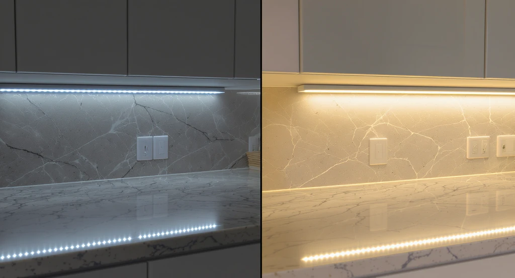 Modern kitchen with side-by-side undercabinet LED lighting setups: exposed strip with glare, and a diffused, high-CRI installation showing improved light quality.