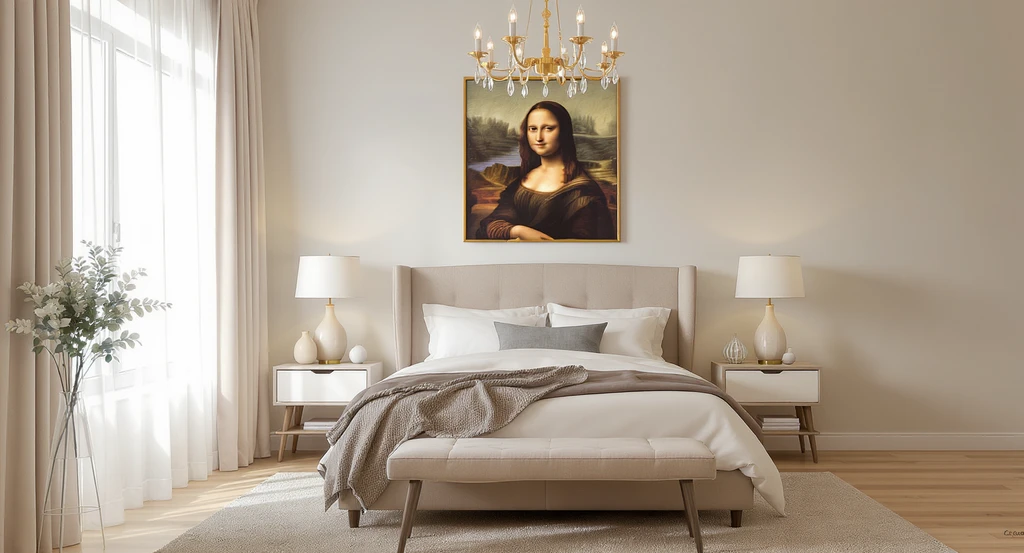 Modern bedroom showcasing how to choose art for bedroom décor, with artwork centered above the bed and thoughtfully aligned under a statement chandelier, demonstrating mistakes to avoid in matching furniture and art and answering will a large painting fit over bed.