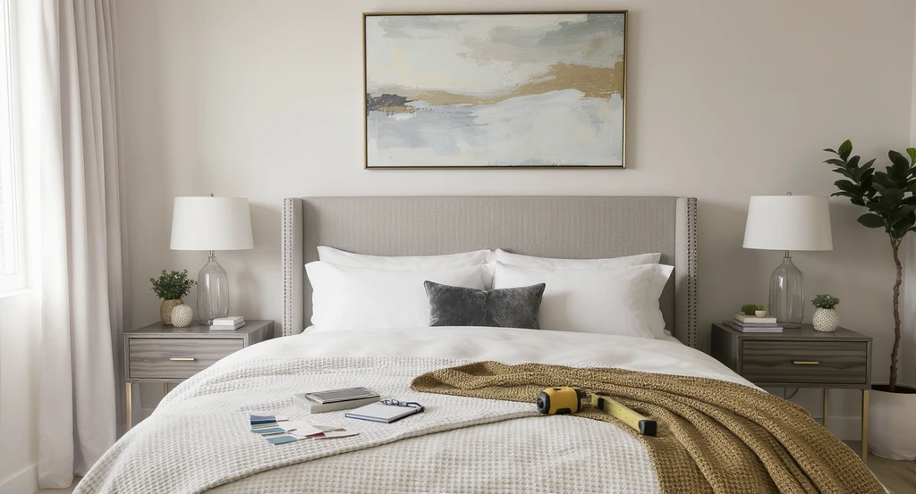 A realistic bedroom scene with a large painting, smaller artwork, paint swatches, and measurement tools laid out to illustrate does bedroom artwork affect furniture choice and how to choose art for bedroom décor. Shows will a large painting fit over bed and mistakes to avoid in matching furniture and art; realistic colors highlight why colors look different at home.