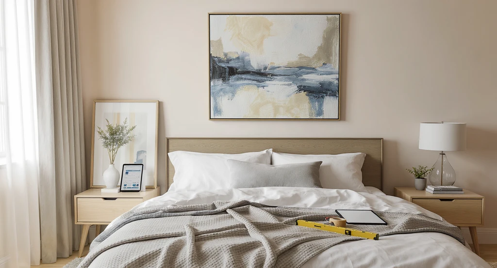 Modern bedroom with a large painting leaning above the bed, layout app on nightstand, and art hanging tools on bed, showing how to choose art for bedroom décor and avoid mistakes in matching furniture and art while previewing if a large painting fits over the bed.