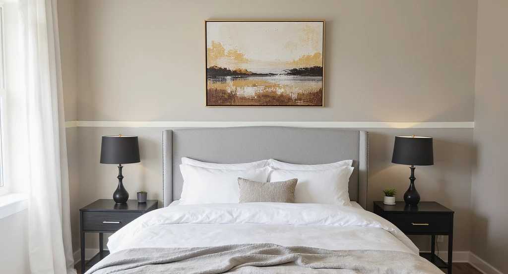 Does bedroom artwork affect furniture choice? Shows how to choose art for bedroom décor by using painter’s tape to test if a large painting will fit over bed.
