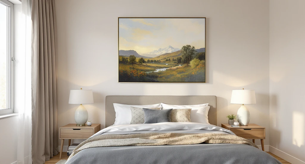 Modern bedroom featuring a large painting perfectly centered above a bed, showing how art placement and decor choices affect furniture and color coordination.
