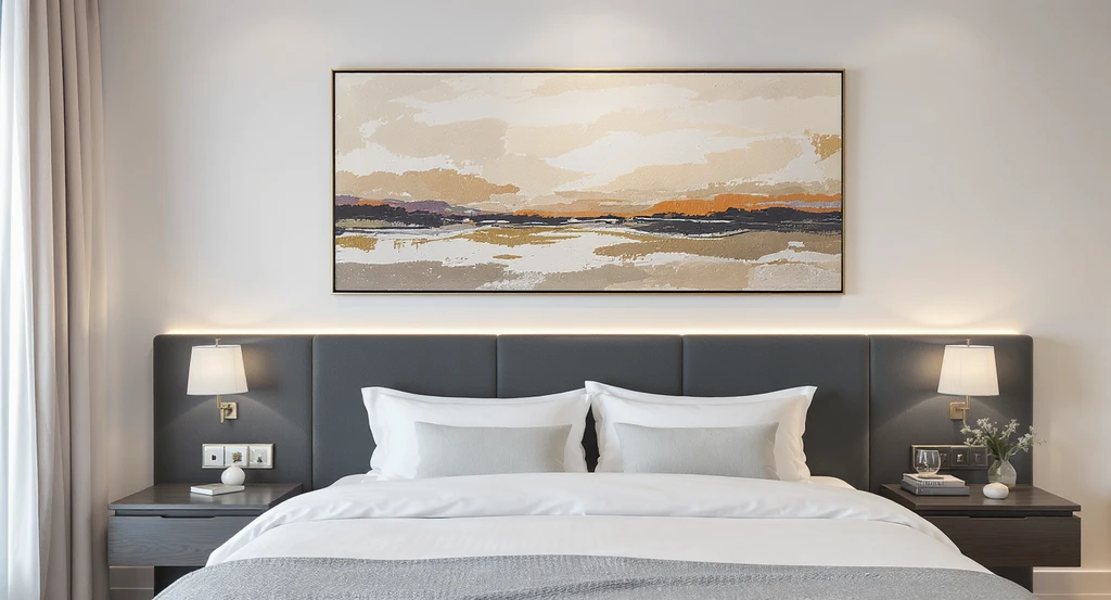 Photorealistic bedroom showing a queen bed with a properly scaled modern artwork centered above the headboard, illustrating does bedroom artwork affect furniture choice and how to choose art for bedroom décor by preventing mistakes in matching furniture and art size.