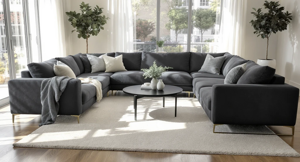 Photorealistic living room showing how to choose the right size rug for a living room with a sectional sofa; expert rug placement guides how the large rug makes the room look bigger.