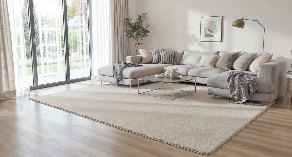 Modern living room showcasing how to choose the right size rug for a living room with a sectional sofa rug placement guide, illustrating mistakes to avoid when buying rugs for apartments—rug extends beyond all sofa legs, anchoring the space.
