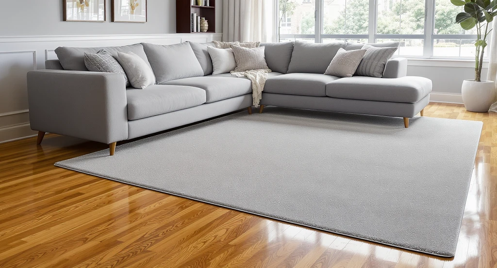 Photorealistic living room with a sectional sofa and two contrasting rug sizes, illustrating how to choose the right size rug for a living room, using a sectional sofa rug placement guide to avoid mistakes when buying rugs for apartments and considering if a large rug makes a room look bigger or if a couch fits on a standard size rug.