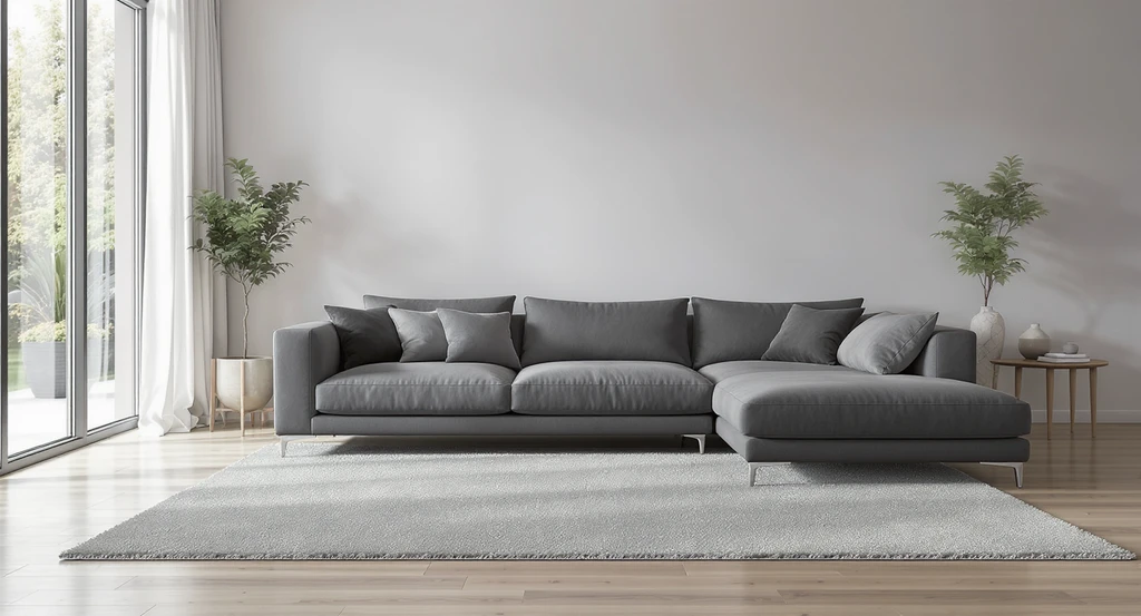 How to choose the right size rug for a living room with a sectional sofa rug placement guide; mistakes to avoid when buying rugs for apartments are shown by comparing rug sizes under a large sectional couch in a modern apartment setting.