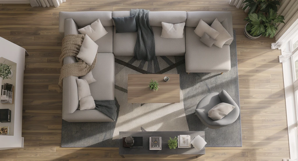 Top-down view of a modern living room showing two different rug sizes—one 10x14 beneath all furniture legs and a smaller rug—illustrating how to pick the right size rug for sectional sofa, does a 10x14 rug fit in 14x18 room, and how to avoid buying a rug that's too small for the best living room layout.