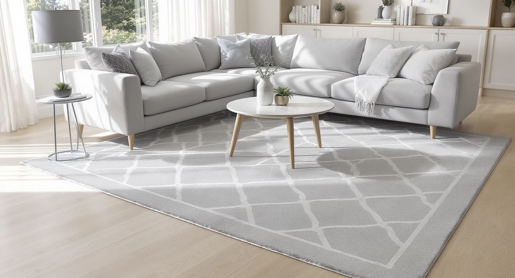 Modern living room showing how to pick the right size rug for sectional sofa, displaying a 10x14 area rug in a 14x18 room with all furniture legs on the rug for optimal layout.