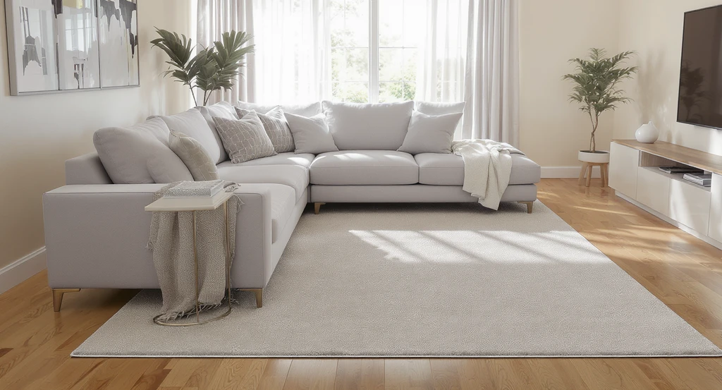 Large 10x14 rug under L-shaped sectional sofa in 14x18 living room, showing best rug size for layout, proper placement, and floor exposure.