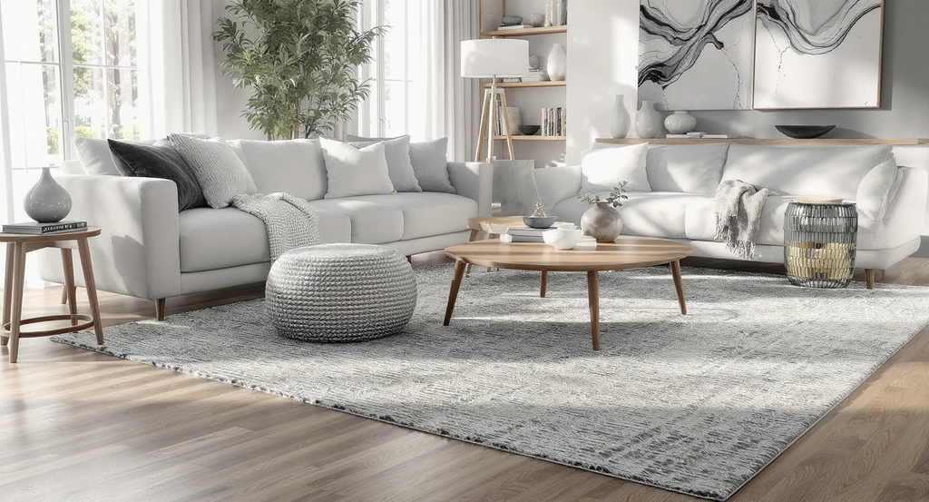 Modern living room with a sectional sofa and three rug sizes, demonstrating how to pick the right size rug for sectional sofa, does a 10x14 rug fit in 14x18 room, and the best rug size for living room layout, to show how to avoid buying a rug that's too small and should all furniture legs sit on area rug.