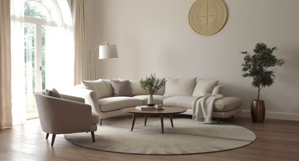 Modern living room showing how to choose curved furniture that fits your room, curved sofa size guide for small spaces, and best rug shape for curved couches.