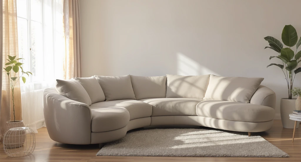 A curved sectional sofa in a living room highlights how curved furniture looks different at home versus a showroom, illustrating how to choose curved furniture that fits your room and why curved sofas can seem bulkier in small spaces. Includes a round rug showing the best rug shape for curved couches and clear context for a curved sofa size guide for small spaces.