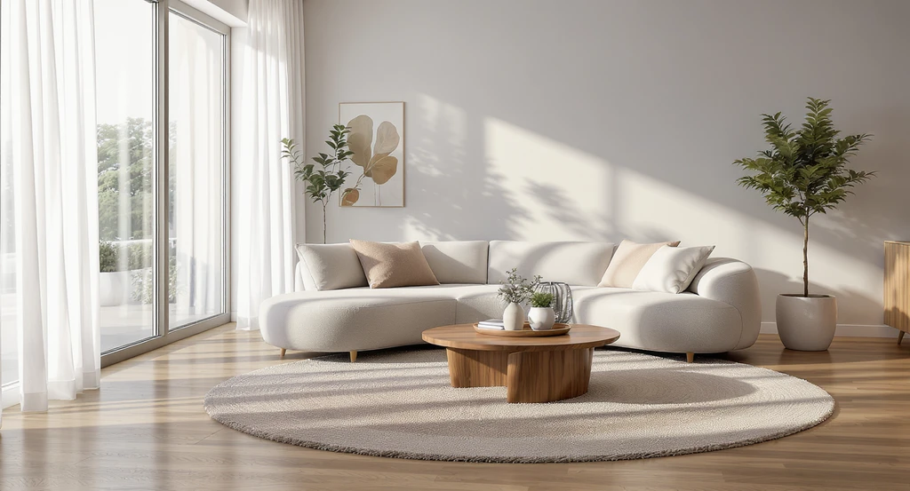 Photorealistic modern living room showing how to choose curved furniture that fits your room, with a curved sofa size guide for small spaces, curved sectional perfectly fit in a living room, best rug shape for curved couches, and visually illustrating why curved furniture looks different at home.