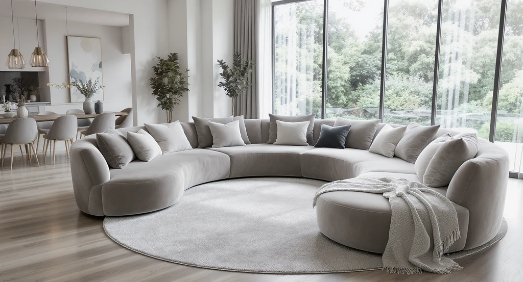 Open-plan living room with curved sectional sofa and matching rug, illustrating how to choose curved furniture that fits your room and why curved furniture looks different at home.