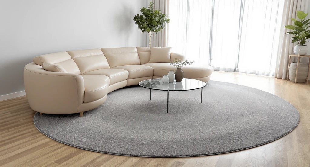 Spacious modern living room with a curved sectional sofa on an oversized round area rug and a layered organic rug, showcasing the best rug shape for curved couches and illustrating how to choose curved furniture that fits your room.