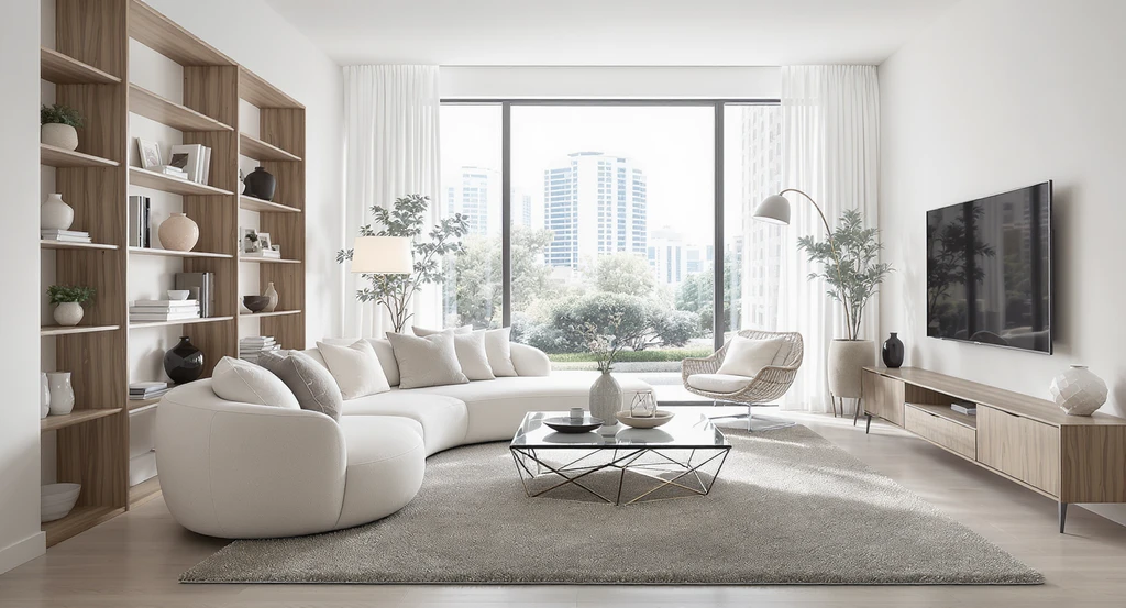 Living room example showing how to choose curved furniture that fits your room, with a curved sofa, geometric table, and balanced straight lines to illustrate why curved furniture looks different at home and help answer will a curved sectional fit in my living room.