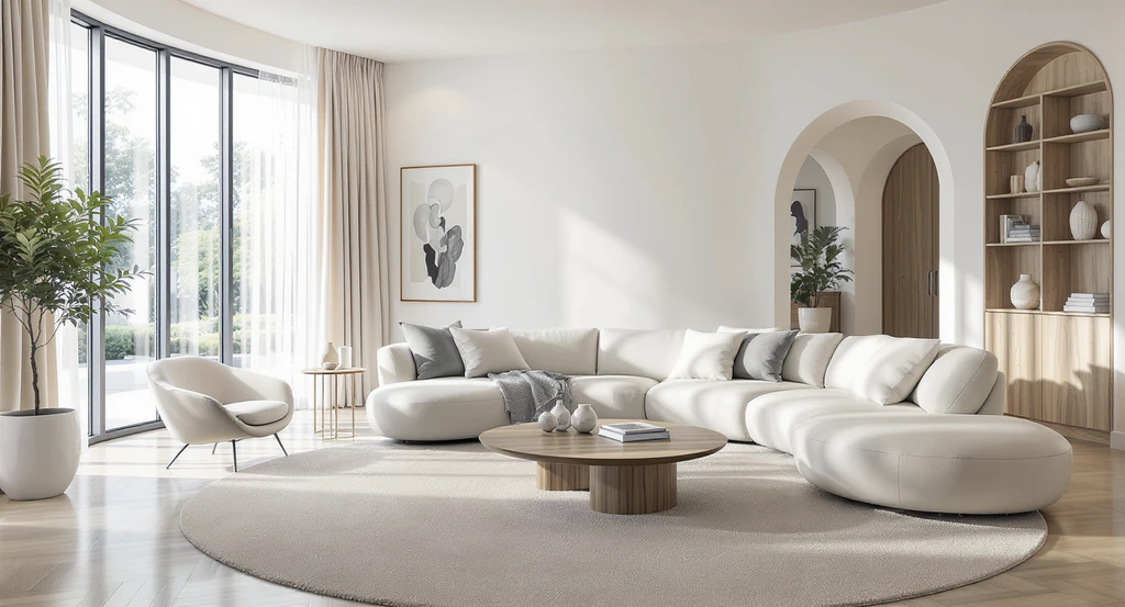 Photorealistic living room with a large curved sofa and round rug, showing how to choose curved furniture that fits your room, and illustrating a curved sofa size guide for small spaces. The setup visually answers will a curved sectional fit in my living room and how the look changes compared to a showroom.