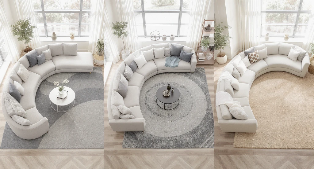 Three realistic living rooms illustrate how to choose curved furniture that fits your room, with a curved sofa size guide for small spaces, showing if a curved sectional will fit in your living room and the best rug shape for curved couches to highlight why curved furniture looks different at home.