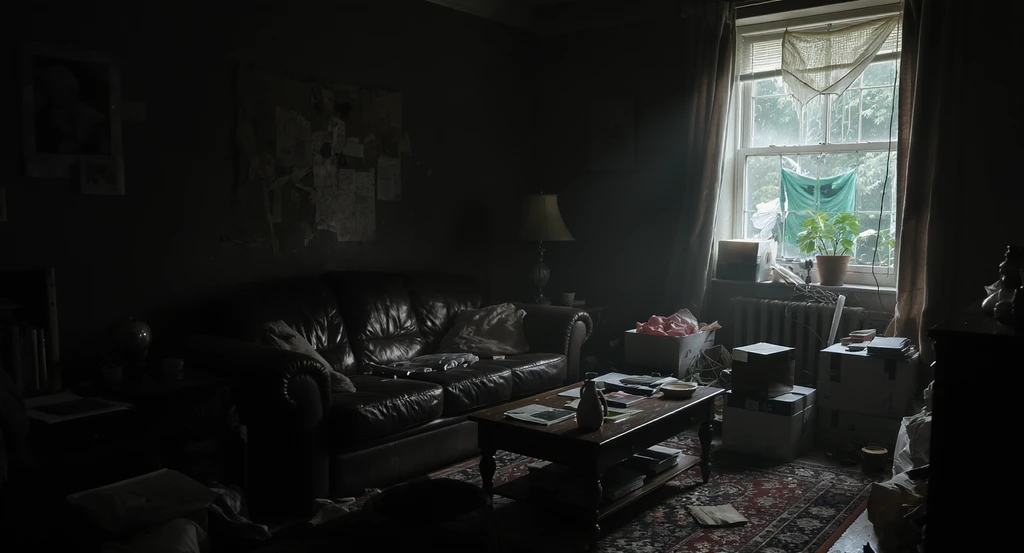 Photo of a cluttered, dim living room with blocked paths and poor lighting, illustrating how ai visualization can transform a depression room for mental health.