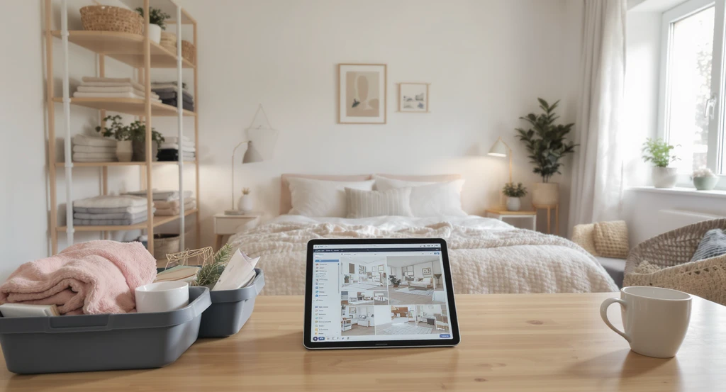 Cluttered bedroom mid-makeover with AI visualization tools, showing tidy shelves, cozy seating, houseplants, and virtual room plans on a tablet. using ai for depression room makeovers, ai interior design for mental health, how to create cozy spaces with ai, virtual room staging ideas with ai tools, ai visualization for cluttered home transformations.
