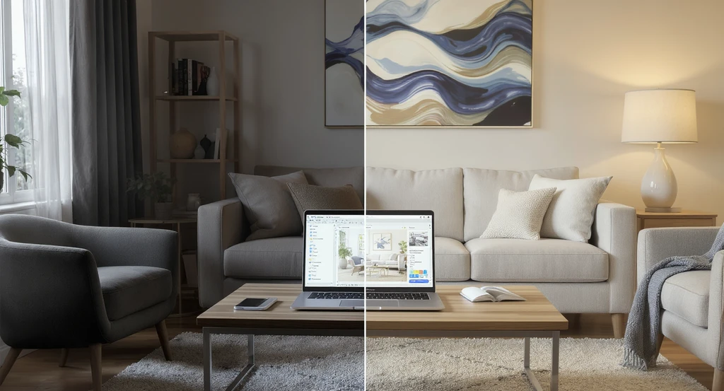 Using AI for depression room makeovers—realistic living room split to show cluttered versus AI-transformed cozy space with before-and-after virtual staging. AI interior design for mental health, how to create cozy spaces with AI, virtual room staging ideas with AI tools, and AI visualization for cluttered home transformations are depicted.