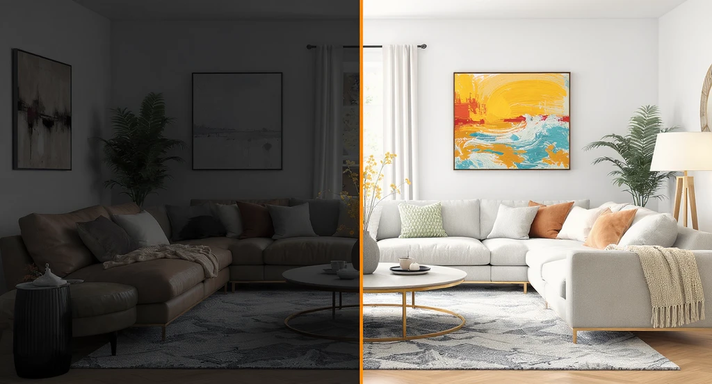 Using ai for depression room makeovers, this photorealistic image shows ai interior design for mental health: a living room virtually staged with new layouts, rug sizes, art, and ai-tested lighting overlays for cluttered home transformations.