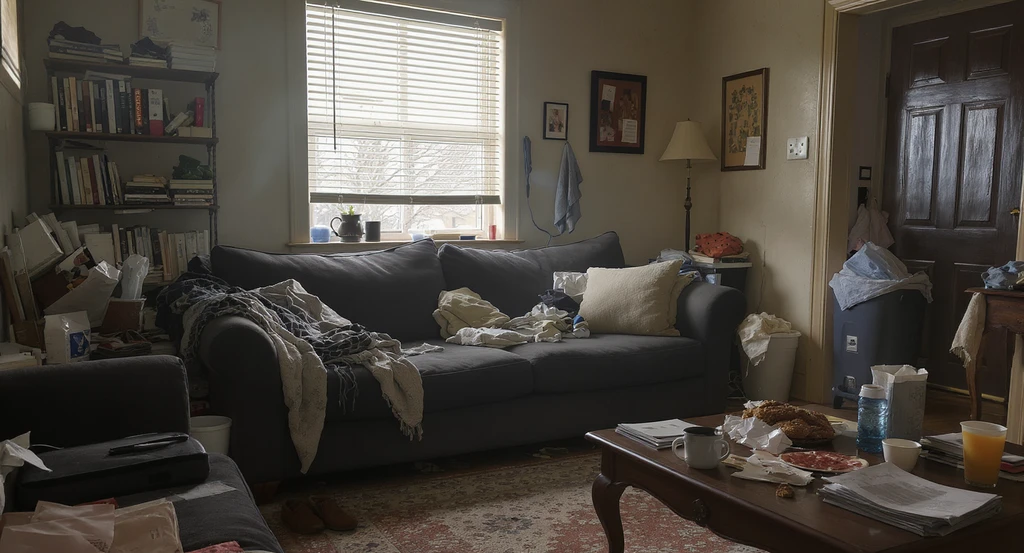 A cluttered living room bathed in soft morning light, showcasing a realistic depression room scenario perfect for using ai for depression room makeovers, ai interior design for mental health, and virtual room staging ideas with ai tools.