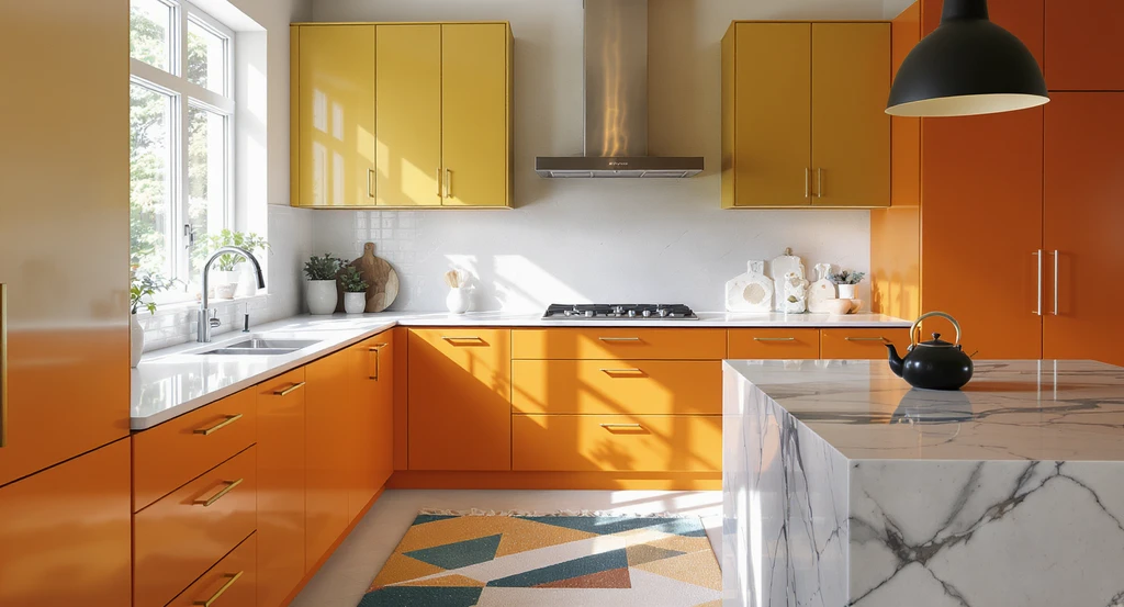 A photorealistic kitchen shows bold colored cabinets, neutral counters, and clashing décor elements, illustrating how to visualize kitchen redesign ideas.