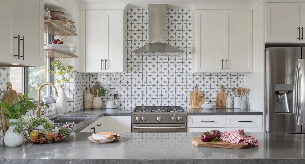 Modern kitchen with mismatched lighting, contrasting finishes, and clashing décor shows challenges in visualizing kitchen redesign ideas and home décor changes.