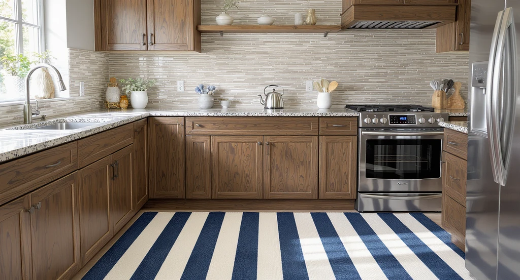 Photorealistic kitchen with mismatched striped patterns on rugs and backsplash, clashing wood grains, and a reflective kettle—showing how visual logic breakdown affects room redesign.