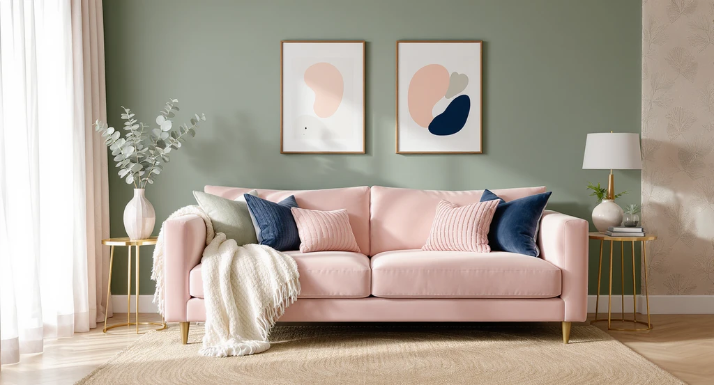 How to design a cozy female living room: plush pink sofa, pastel pillows, soft green accent wall, rental-friendly decor, empowering feminine touches, best colors for feminine living spaces.