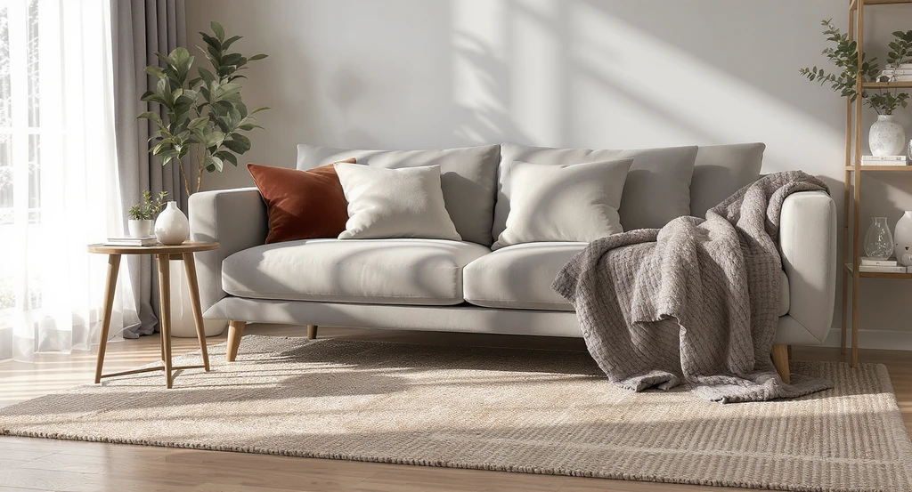 How to design a cozy female living room: a modern living room corner with layered textures—velvet pillows, plush rug, soft throws, and wooden legs—showcasing apartment living room inspiration for women and rental-friendly decorating ideas for small spaces.