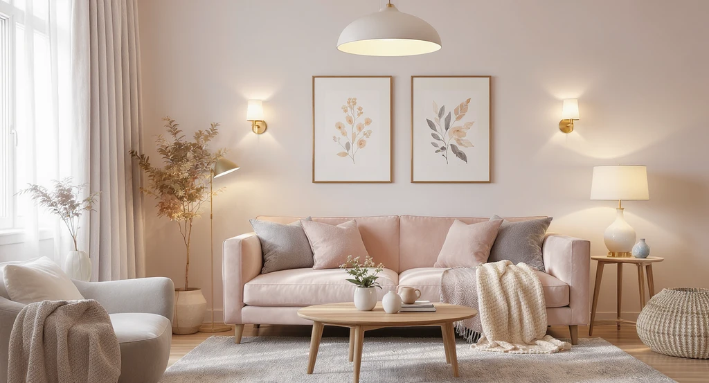 How to design a cozy female living room using layered lighting – ambient, task, and accent – for apartment inspiration, with empowering home decor in soothing feminine colors, rental-friendly fixtures, and a blush sofa.