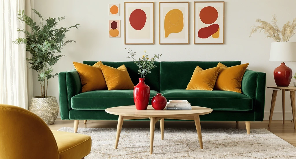 How to design a cozy female living room featuring a green velvet sofa, golden ochre pillows, bold red vases, and art prints for empowering home decor.