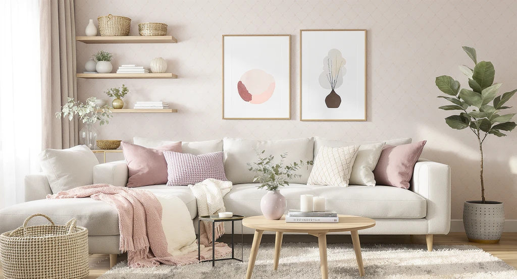 A cozy female living room designed in a small apartment with layered textiles, soft lighting, empowering home decor, and rental-friendly features. Best colors for feminine living spaces are shown with blush, lavender, and cream.
